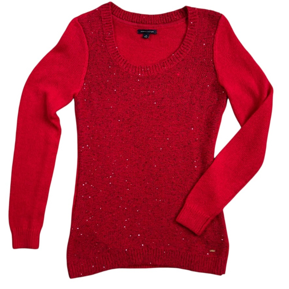 TOMMY HILFIGER Women's Red Knit Sweater Acrylic Blend PurpleSequin Long Sleeve M